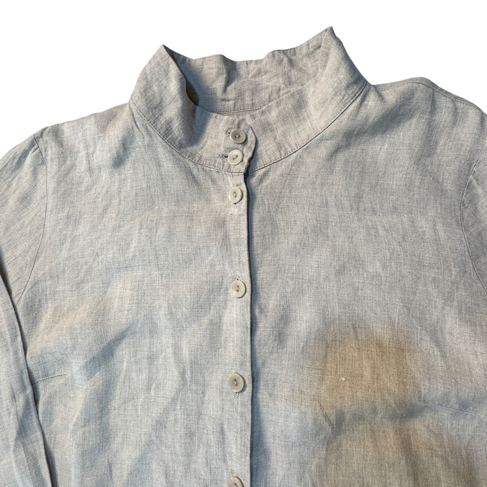 FLAX‎ Womens Medium 100% Linen Mandarin Collar Button Down Tunic Shirt Beige - Picture 9 of 11